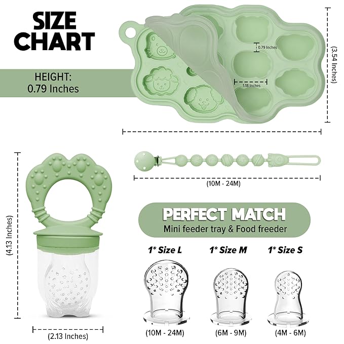 O’doe Silicone Baby Popsicle Molds & 2 Baby Food Feeders with 1 Clip, 2-Pack Freezer Tray with Lid, 10-Hole Popsicle Molds for Teething Relief, Includes 3 Extra Pacifiers, BPA Free (Blue + Green)