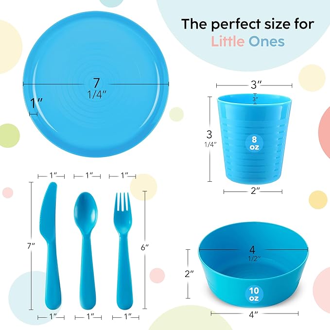 Plaskidy Kids Dinnerware Set for 4-24 Piece Plastic Childrens Dishes Dinnerware Sets Microwave/Dishwasher Safe BPA Free - Toddler Dinner Set Includes Kids Plates and Bowls Kids Cups Flatware Set