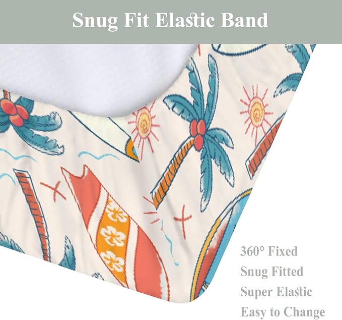Retro Boho Surfing Changing Pad Covers for Baby Girls Boys Vintage Summer Surfboards Coconut Palm Trees Sun Fitted Change Table Pad Covers Mats Beach Life Soft Diaper Changing Pad Sheets 32''×16''