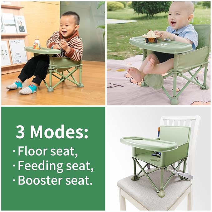 New Portable Travel Booster Seat with Tray|Foldable Infant Seat Booster Dining Chair|Great for Camping, Beach, Lawn|Toddler, Child Camping Chair 6 Months - 3 Years Old (Green)