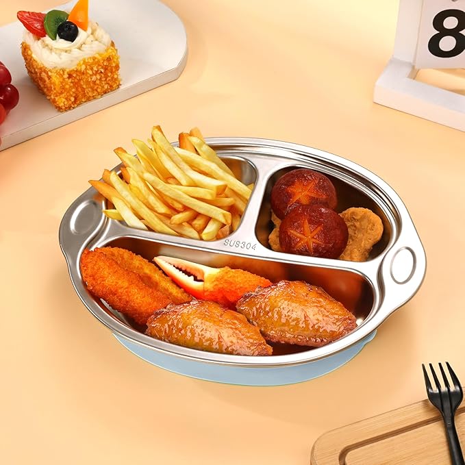 304 Stainless Steel Baby Plates Suction Plates for Baby Stainless Steel Plates for Kids with Suction Divided Designed for Feeding Children（Blue）