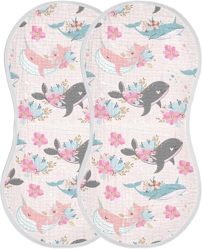 vvfelixl Baby Burp Cloths Whale Narwhal Flowers Baby Newborn Cotton Burping Cloths Set Baby Washcloths 4 Pack