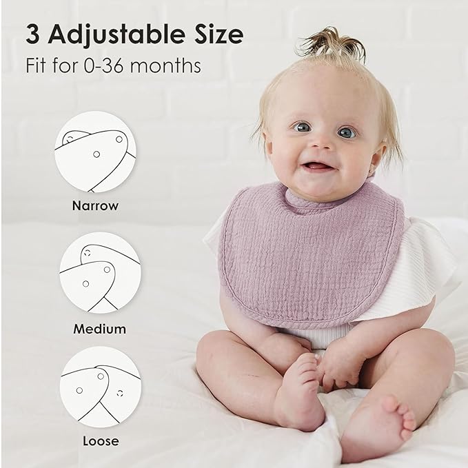 MairMore 8-Pack Baby Muslin Bibs, Soft Cotton Drool Bibs for Boys Girls, Adjustable and Absorbent Newborn Bib Set for Feeding and Drooling