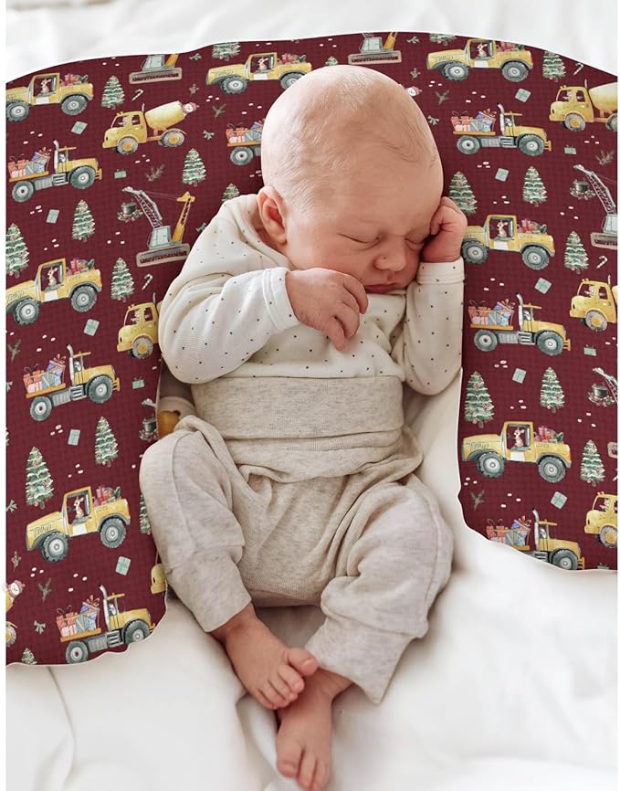 Red Christmas Construction Trucks Baby Nursing Pillow Covers for Boy Girl Dump Truck Excavator Animals Gifts Nursing Pillowcase for Breastfeeding Pillows Winter Holiday Soft Stretchy Slipcovers