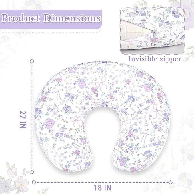 SWESEN 2 Pack Nursing Pillow Covers, Ultra Soft Nursing Cover for Breastfeeding Pillows, Stretchy Nursing Pillow Slipcover for Baby Girls Boys, Fits Standard Baby Pillow, Purple Floral