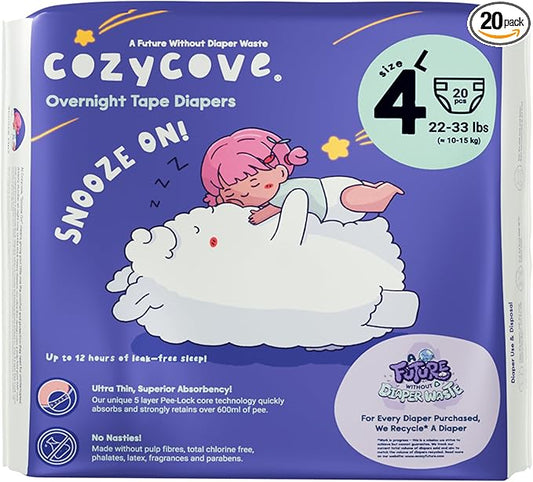 Cozycove Size 4 L (22-33 lbs) Diapers, 20 Count, Totally Chlorine Free, Skin-Friendly Material | Snooze On Slim Overnight Tape Disposable Diapers | 1 Bag of 20