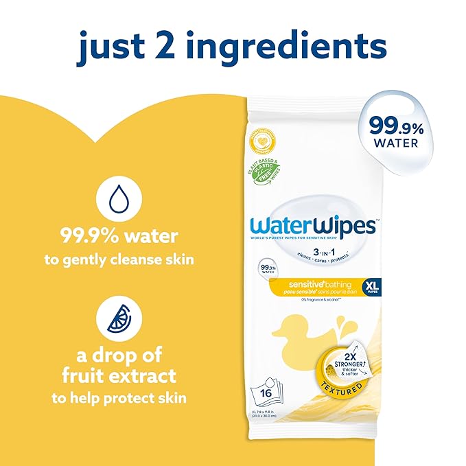 WaterWipes Sensitive+ Bathing Wipes, 3-In-1 Cleans, Cares, Protects, 99.9% Water, Unscented & Hypoallergenic, 16 Count (Pack of 6)