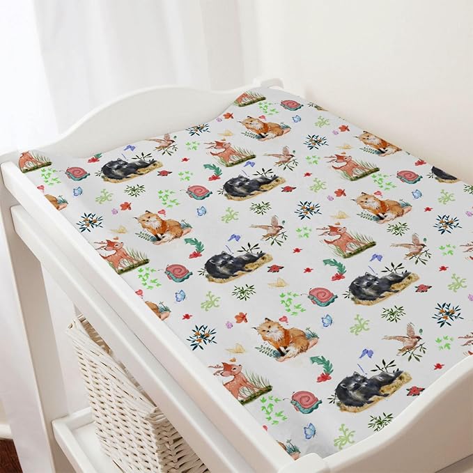 Spring Animals Floral Baby Changing Pad Covers Cute Raccoon Deer Bird Butterflies Change Table Cover for Boys Girls Soft Stretch Fitted Diaper Changing Mat Sheets 32''x16''