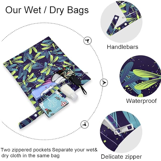 visesunny Blue Yellow Dragonfly Dot 2Pcs Wet Bag with Zippered Pockets Washable Reusable Roomy for Travel,Beach,Pool,Daycare,Stroller,Diapers,Dirty Gym Clothes, Wet Swimsuits, Toiletries