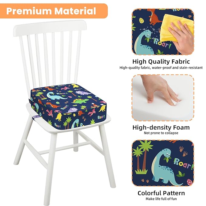 Toddler Booster Seat for Dining Table Kitchen Chair, Kids Booster Seat with Non-Slip Bottom and Adjustable Straps, 4" Detachable Washable Portable Travel Increasing Cushion (Cute Dinosaur)