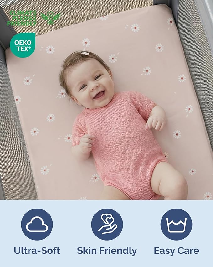 Pack and Play Sheets Fitted - 2 Pack Mini Crib Sheets for Pack N Play Mattress - Unisex Playard Microfiber Bedding for Boys & Girls - Soft, Breathable & Wrinkle Free - Oeko-Tex, 38 x 26in - Daisy's