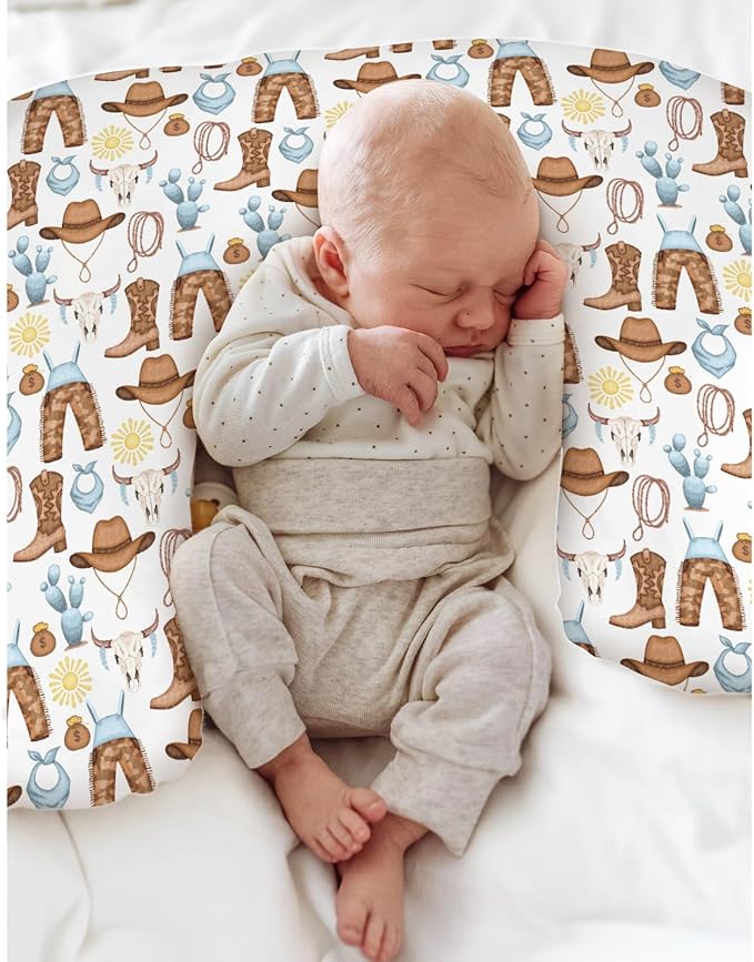 Blue Western Cowboy Baby Nursing Pillow Covers for Boy Cowboys Boots Hat Horse Cactus Sun Cow Skulls Nursery Slipcover for Breastfeeding Pillows Wild West Soft Stretchy Cover for Newborn Infant
