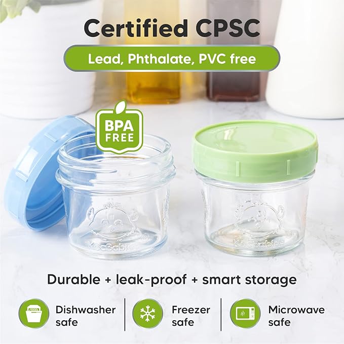KeaBabies 6-Pack Glass Baby Food Containers & 12-Pack Glass Baby Food Containers - 4 oz Leak-Proof, Microwavable Baby Food Storage Containers, Baby Food Freezer Tray, Puree Glass Baby Food Jars