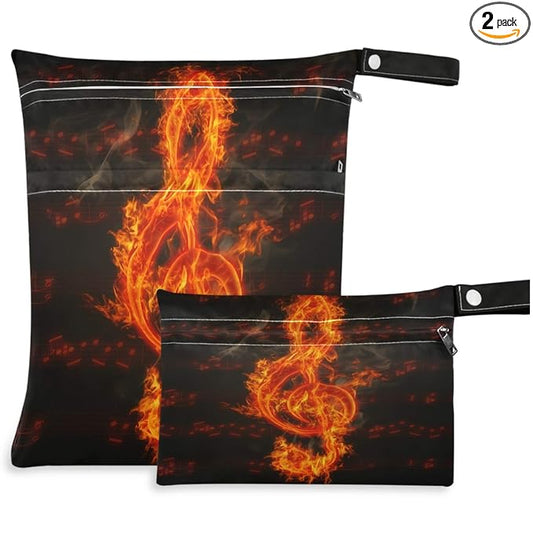 visesunny Flaming Music Note 2Pcs Wet Bag with Zippered Pockets Washable Reusable Roomy for Travel,Beach,Pool,Daycare,Stroller,Diapers,Dirty Gym Clothes, Wet Swimsuits, Toiletries