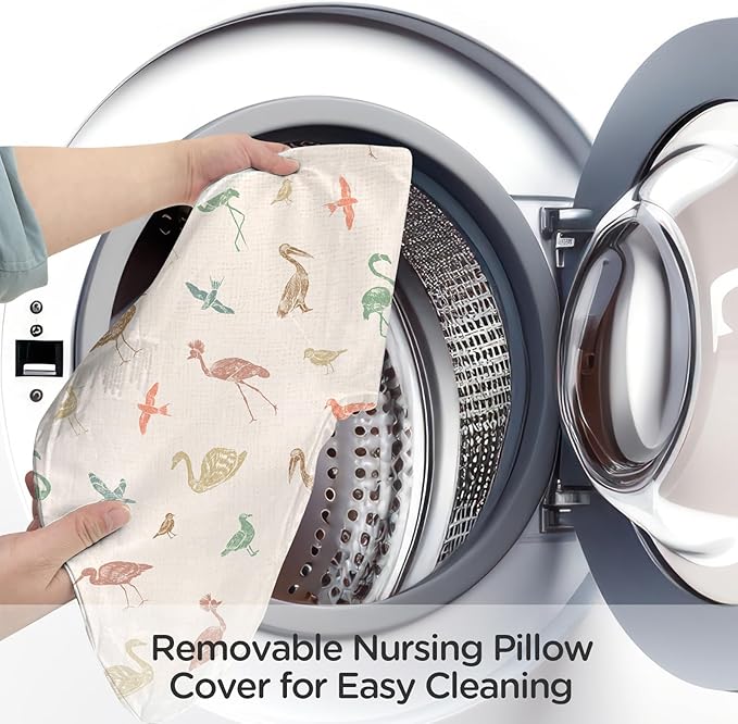 Little Grape Land Muslin Nursing Pillow Covers, 100% Cotton Removable Breastfeeding Pillow Covers, Breathable Slipcover for Baby Boys & Girls, (Wetland Birds & Rosy)