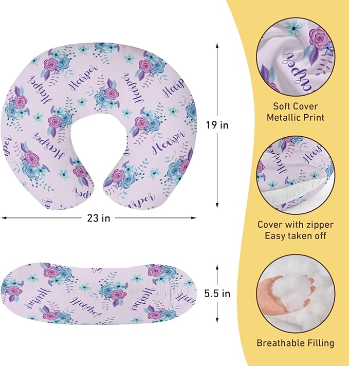 Customizable Flowers Baby Nursing Pillow Cover - Add Your Baby's Name, Ultra-Soft Stretch Fabric, Fits Standard Nursing Pillows, Ideal for Baby Showers Style 12