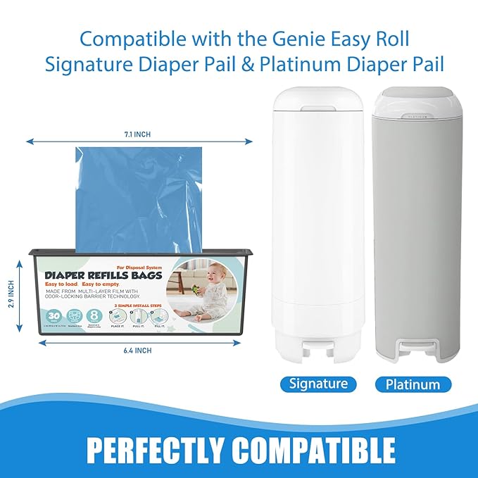 Diaper Pail Refills Bags with 30 Bags Compatible with Genie Easy Roll Signature and Platinum Diaper Pails, 7-Layer Odor-Barrier Technology, 4 Pack (120 Bags)