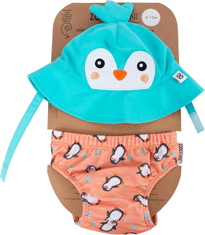 ZOOCCHINI Baby & Toddler Sun Hat & Reusable Swim Diaper Set, UPF 50+ Protection, Chlorine and Salt Water Resistant for Beach and Pool