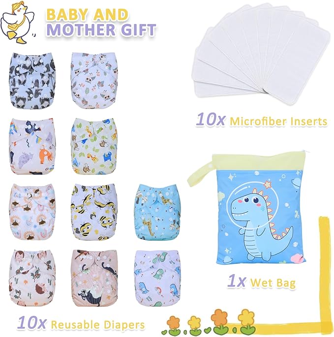 TDIAPERS Cloth Diaper Covers Reusable Washable Pocket Diapers One Size Adjustable for Baby 10 Pack with 10 Pcs Microfiber Inserts, 1 Wet Bag