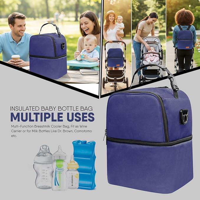 Breast Pump Bag for Spectra S1 S2, Insulated Travel Backpack with Ice Pack Fits 6 Baby Bottles, Wearable Breastmilk Double Layered Cooler Bag with Removeable Straps for Nursing Mom Daycare