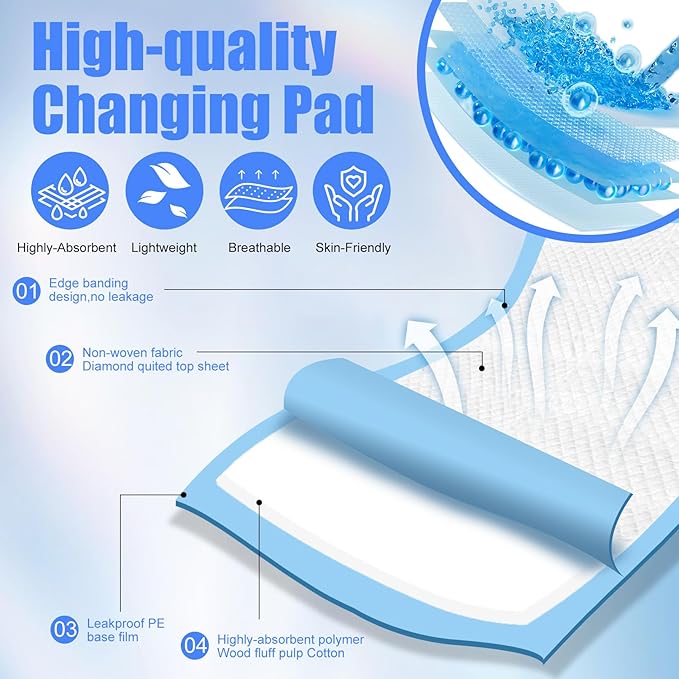 100Pack Disposable Changing Pads,Baby Disposable Underpads 17 X 13 in,Waterproof Diaper Changing Pad,Ultra Absorbent Disposable Pads,Leak-Proof Breathable Underpads Bed Table Protector Mat