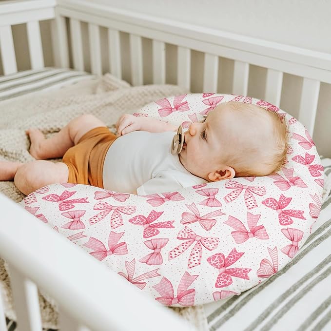 Pink Bows Baby Nursing Pillow Covers for Girl Pink Hair Bows Leopard Stripes Nursing Slipcovers for Breastfeeding Pillows Valentine Hearts Love Soft Stretchy Removable Cover for Newborn Infant