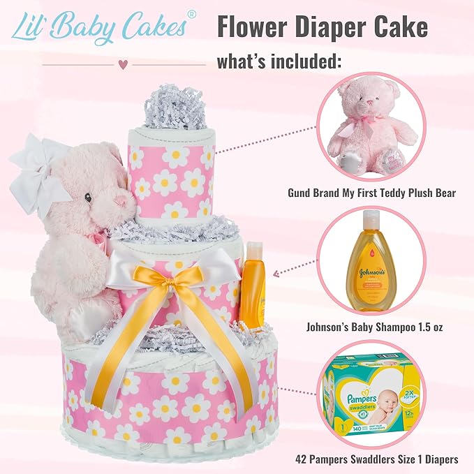 Lil' Baby Cakes Flower Diaper Cake - Makes a Beautiful Baby Gift - Size 1 Diapers - 10 in X 12 in