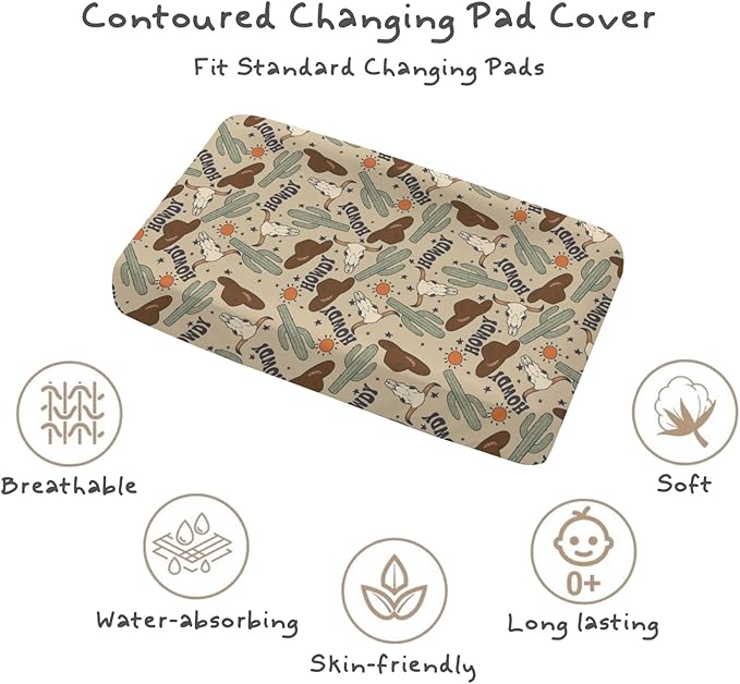 Changing Pad Cover for Baby Girls Boys, 32"/34" x 16" Safe Snug Diaper Change Table Pad Covers, Soft Stretchy Changing Pad Sheets Western Cowboy Howdy Theme Nursery Decor