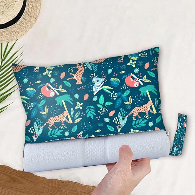 2Pcs 2 Sizes Animal Print Wet Dry Bag Beach Wet Bags Forest Pattern Polyester Waterproof Sandproof Reusable Storage Zipper Pouches for Friends Swimsuit Travel Dirty Diaper Clothes Gifts