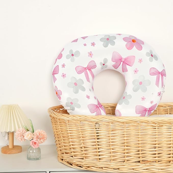 Hooyax Nursing Pillow Covers 2 Pack - Ultra Soft & Stretchable Breastfeeding Pillow Slipcovers, Adorable Cover for Infant Feeding Pillow, for Most Standard Pillows (Bow Flower)