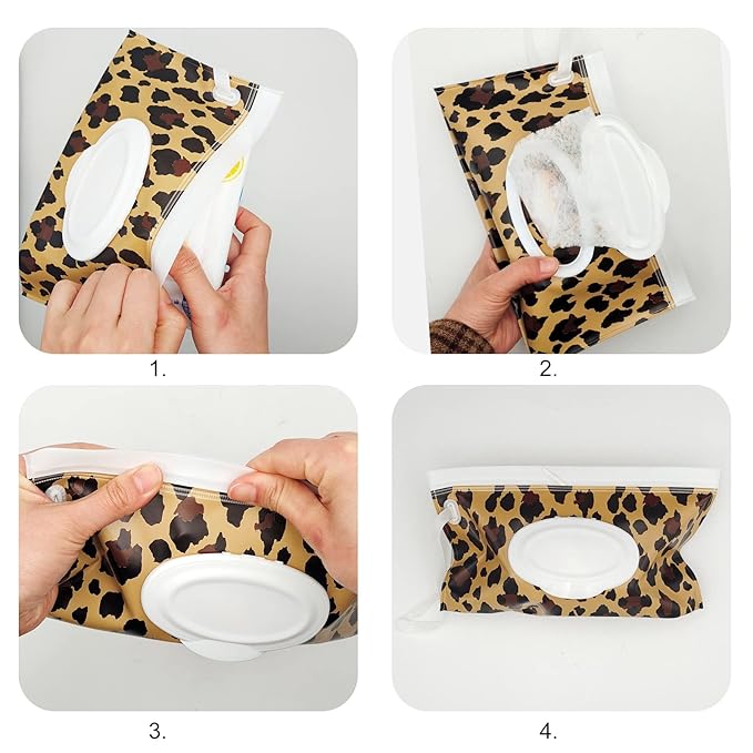 2 Pack Portable Baby Wipes Dispenser Holder Set, Leopard Print Refillable Baby Wipes Container, Wipe Holder, Reusable Travel Wet Wipe Pouch for Diaper Bag Lightweight Travel Wipes Dispenser Cases