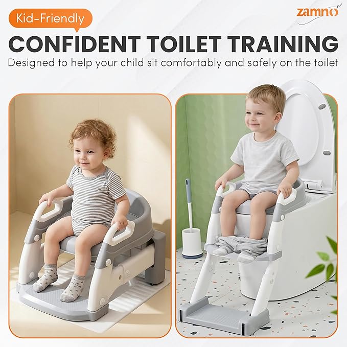 Upgraded Potty Training Seat with Step Stool Ladder – 6-in-1 Foldable Toddler Toilet Seat with Adjustable Height, Anti-Slip Steps & Detachable Bowl for Boys & Girls Ages 1-7 (Gray & White)