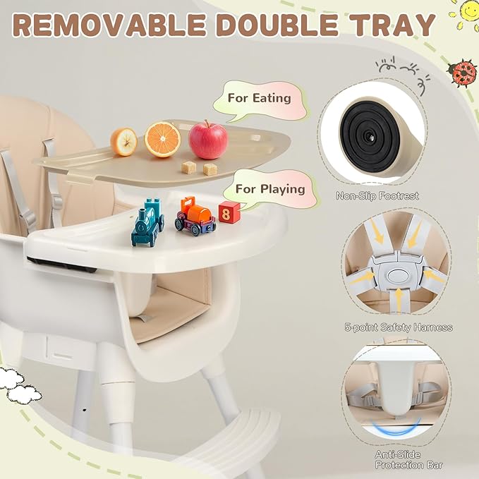 Ktaxon 3-in-1 Baby High Chair, Portable Adjustable Height Highchair with Removable Dual-Layer Tray, 5-Point Safety Harness and Footrest for Toddlers & Babies, Beige