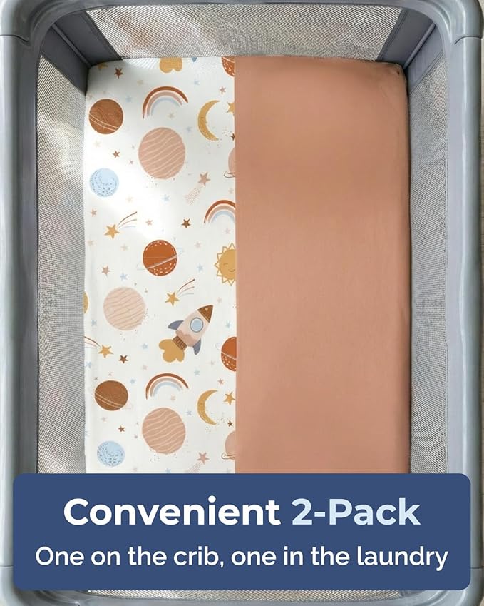 Pack and Play Sheets Fitted - 2 Pack Mini Crib Sheets for Pack N Play Mattress - Unisex Playard Microfiber Bedding for Boys & Girls - Soft, Breathable & Wrinkle Free - Oeko-Tex, 38 x 26in - Space Boy