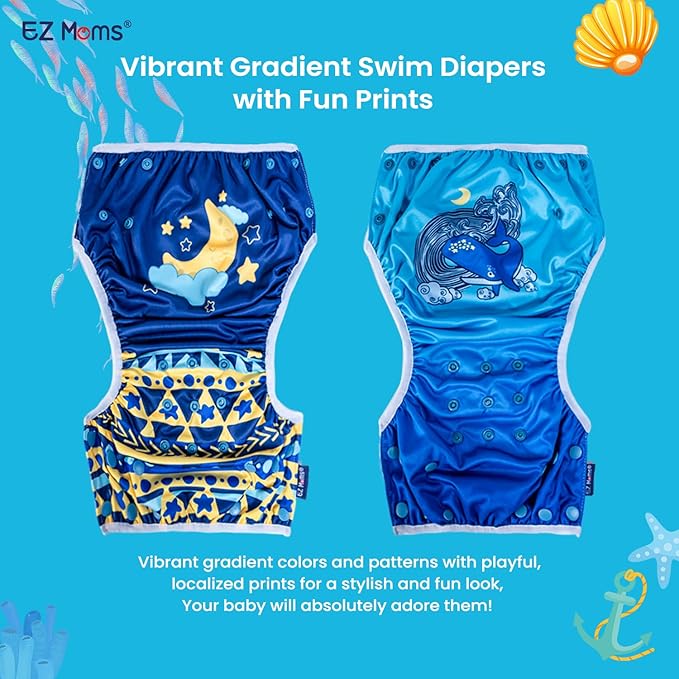 EZ Moms Baby Swim Diapers Reusable 2Pcs Snap One Size Adjustable Washable Newborn Infant Swim Diaper with a Shammy Towel for Baby Boy Water Diaper Waterproof Swimming Diapers for Swimming Lessons