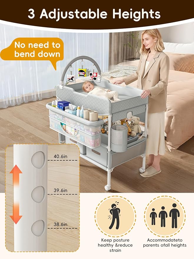Baby Changing Table with Drawers, Waterproof Versatile Folding Diaper Changing Station with Storage, Adjustable Height, Portable Diaper Chang ing Station, Mobile Nursery for Infant and Newborn