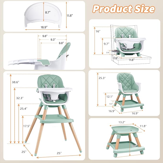 Babyliebe Baby High Chair, 8 in 1 Convertible Wooden High Chair for Babies and Toddlers, Converts to Booster Seat, Toddler Chair & Stool, with Removable Double Tray, Adjustable Legs & Footrest (Green)