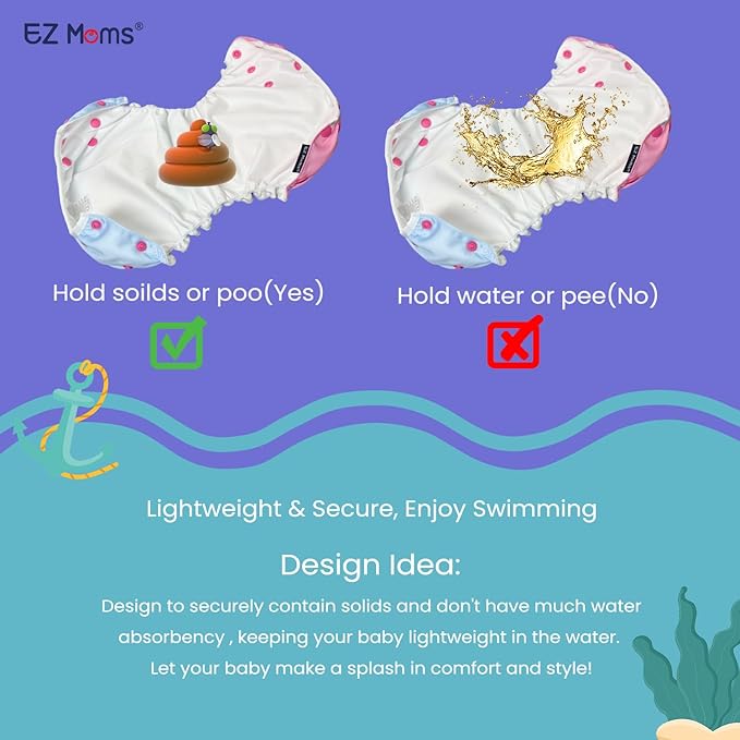 EZ Moms Baby Swim Diapers Reusable 2Pcs Large Size Snap Adjustable Washable One Size Toddler Swim Diaper with a Shammy Towel for Baby Girl Water Diaper Waterproof Swimming Diapers for Swimming Lessons