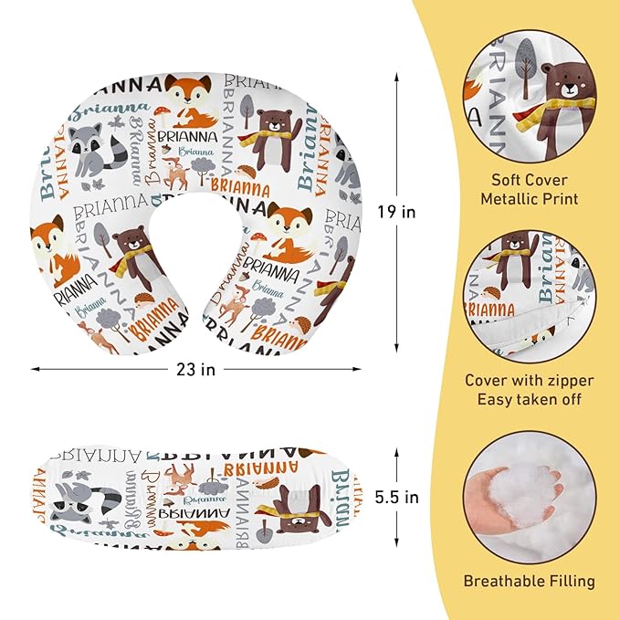 Baby Nursing Pillow Cover - Personalized Name Breastfeeding Pillow Cover with Animal Pattern, Stretchy Removable U-Shaped for New Moms, Soft Breathable Slipcover for Infant Boys Girls