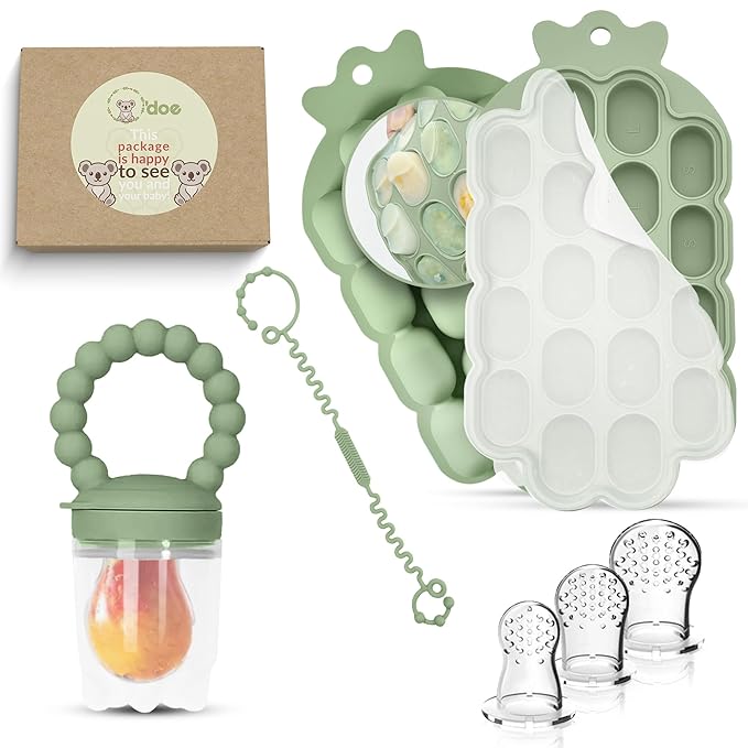 O’doe Baby Popsicle Molds Teething Set (18-Hole) - Fruit Pacifier Feeder with 1 Clip, 1-Pack Freezer Tray with Lid and 6 Extra Pacifiers, Teething Popsicle Mold BPA-Free