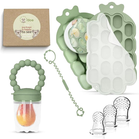 O’doe Baby Popsicle Molds Teething Set (18-Hole) - Fruit Pacifier Feeder with 1 Clip, 1-Pack Freezer Tray with Lid and 6 Extra Pacifiers, Teething Popsicle Mold BPA-Free