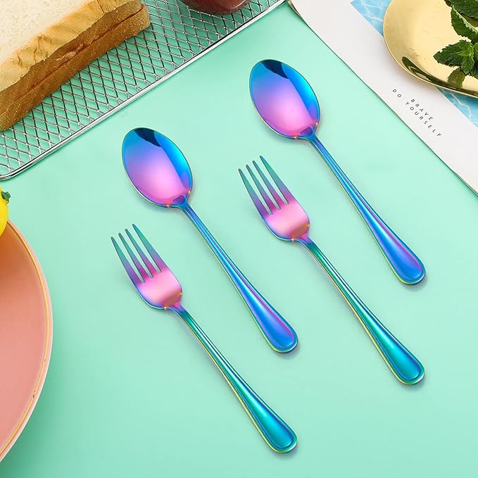 LIANYU 6-Piece Kids Forks and Spoons Silverware Set, Rainbow Children Toddler Utensils Set, Stainless Steel Child Flatware Cutlery for Home Preschools, Dishwasher Safe
