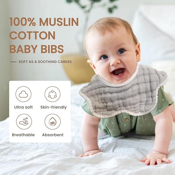 MUKIN Soft Cotton Muslin Baby Bibs 6 Pack | Adjustable Snap Closure for Newborns| Absorbent for Drooling, Teething & Feeding