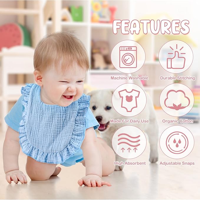 JaGely 12 Pieces Baby Muslin Bibs Bandana Drool Bibs for Boys and Girls Soft Adjustable Baby Cotton Teething and Drooling for Newborn Toddler Infant