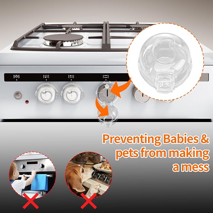 5Pack Stove Knob Safety Covers, Baby Proofing Gas Stove Knob Locks, Adult Quick Unlock Oven Child Safety Lock with 3M Adhesive for Child Safety and Pets