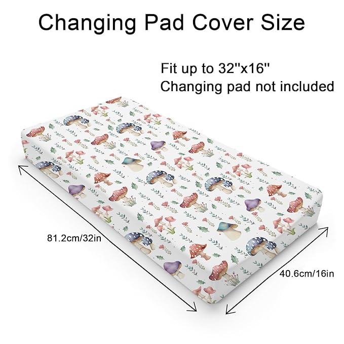 Watercolor Mushroom Forest Changing Pad Covers Colorful Mushroom Floral Leaves Baby Diaper Change Table Sheets for Boy Girl Fantasy Soft Breathable Stretch Changing Pad Table Mats 32''x16''