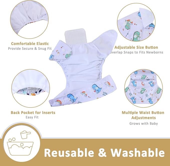 TDIAPERS Cloth Diapers Reusable Washable Pocket Diapers Cover One Size Adjustable for Baby Snaps Cloth Diapers Nappy 6 Pack with 6 Pcs Microfiber Inserts,1 Wet Bag