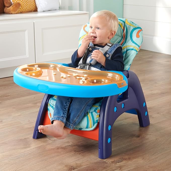 Badger Basket Envee II Convertible Baby High Chair with Infant Feeding Seat, Booster Seat, and Toddler Desk with Chair - Blue/Orange
