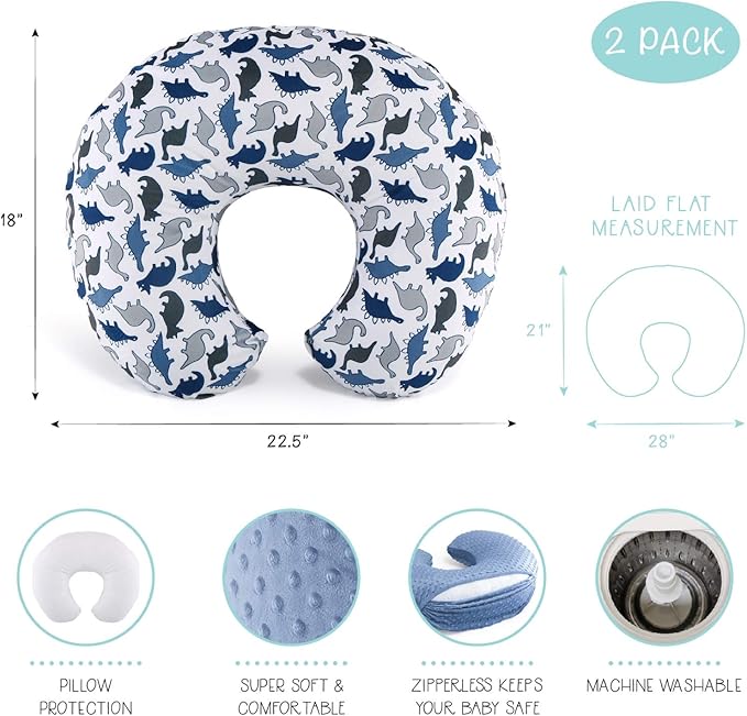 The Peanutshell Nursing Pillow Cover Set of 2 - Soft Newborn Nursing Baby Girl or Boy Pillow Covers, Supportive & Comfortable Breastfeeding, Tummy Time Must Haves, Baby Essentials - Dino & Blue Minky