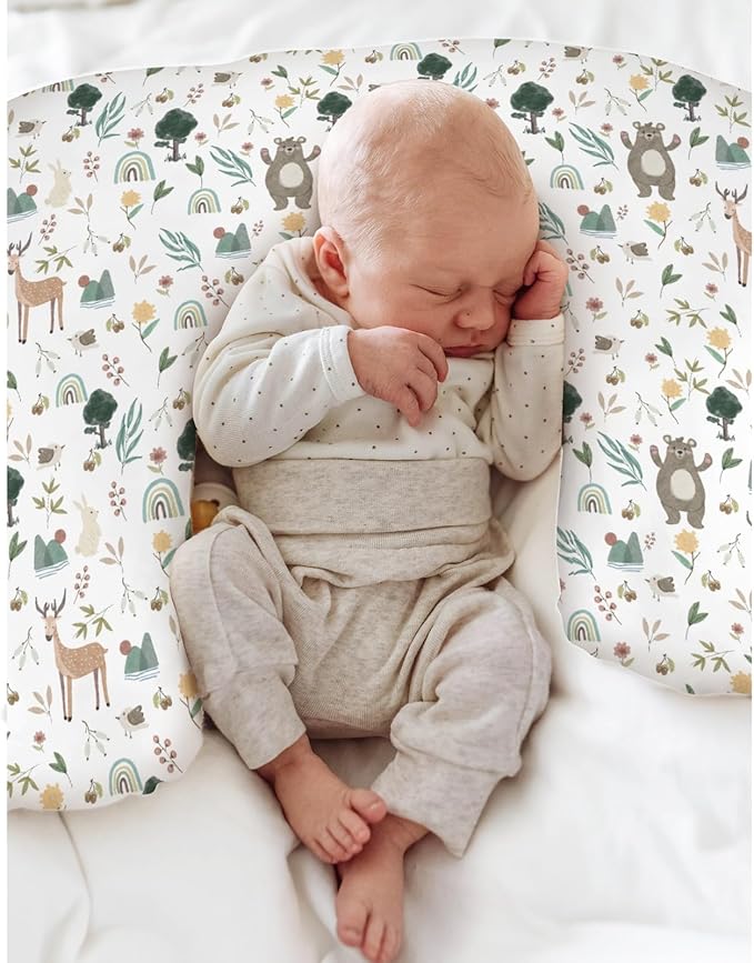 Whimsical Animals Baby Nursing Pillow Covers for Boy Girl Cute Animals Spring Nursing Pillowcase for Breastfeeding Pillows Bear Deer Bunny Rainbow Greenery Soft Stretchy Slipcovers for Newborn